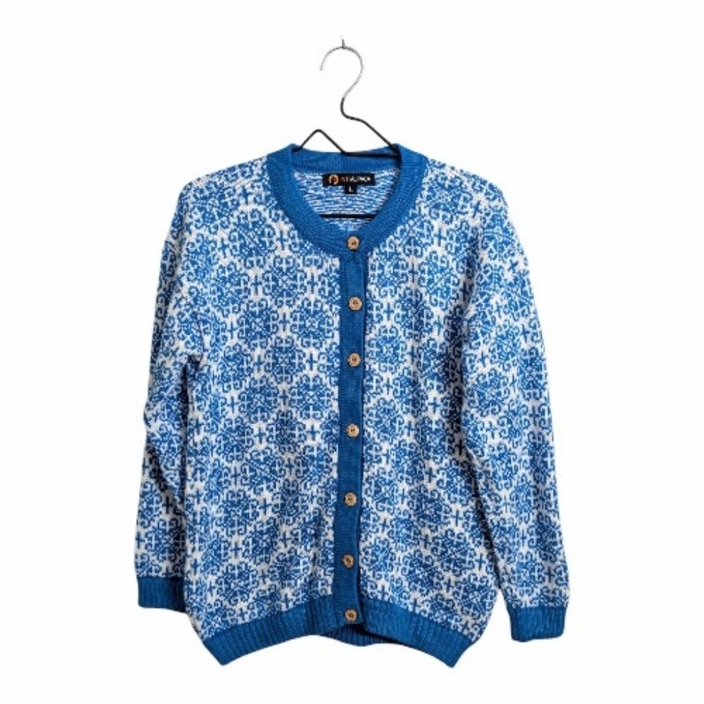 Inti Alpaca Blue White Geo Pattern Knitted Cardigan Sweater Alpaca Wool Peru L